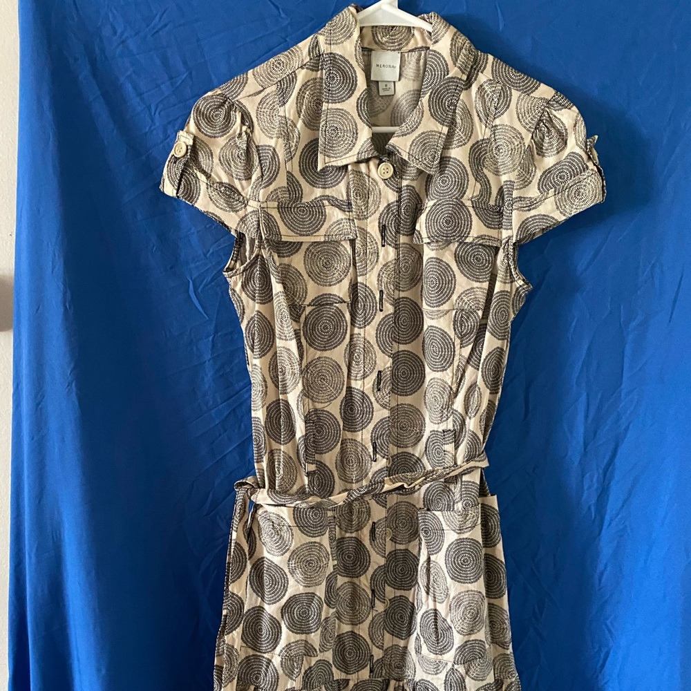 Medina Dress tan with brown circle pattern.